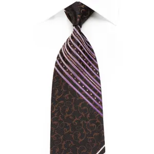 Paco Rabanne Men's Crystal Silk Necktie Purple Striped & Brown Scrolls On Black With Purple Sparkles