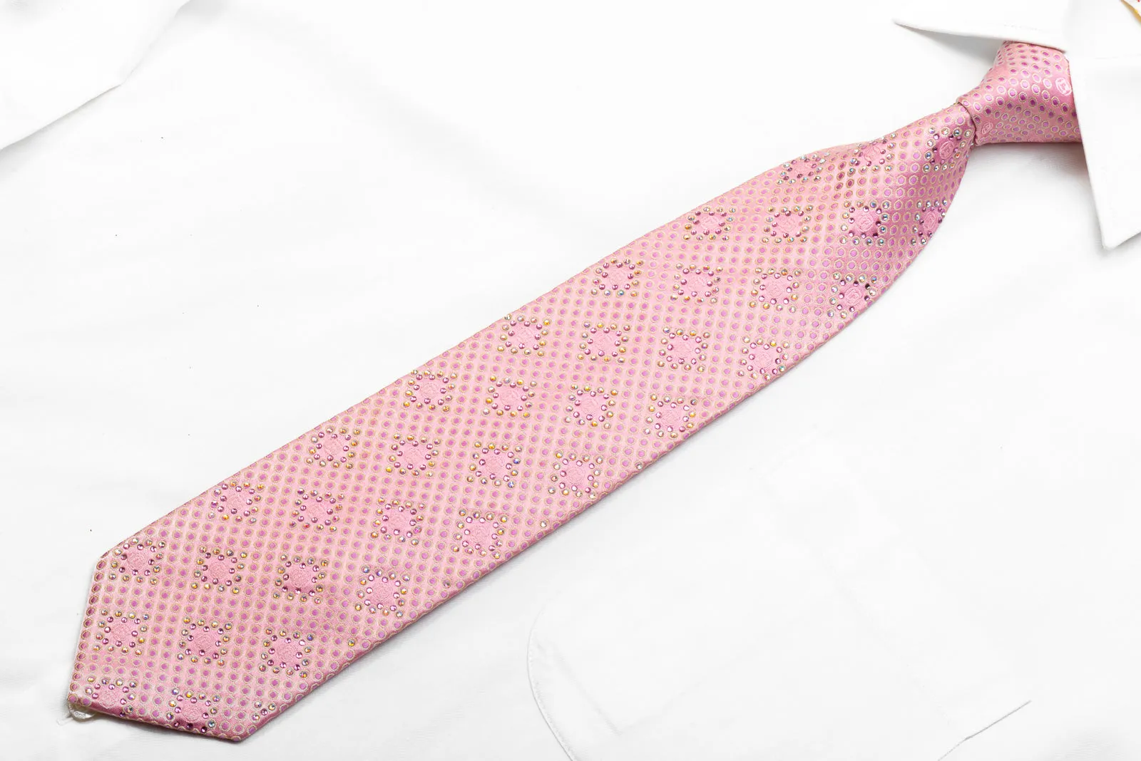 Paco Rabanne Men's Rhinestone Silk Necktie Geometric On Pink Silk