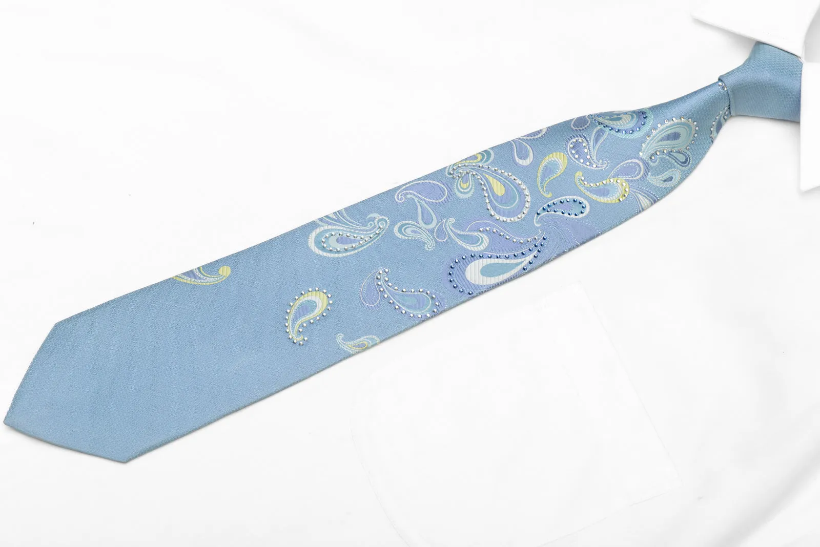 Paisley On Pale Blue Rhinestone Silk Necktie With Silver Sparkles