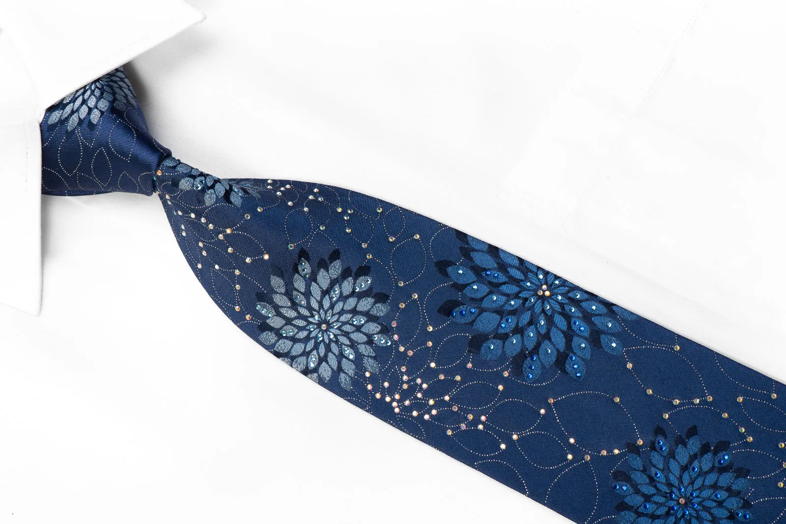 Parkland Mens Rhinestone Silk Tie Geometric Floral On Blue With Sparkles