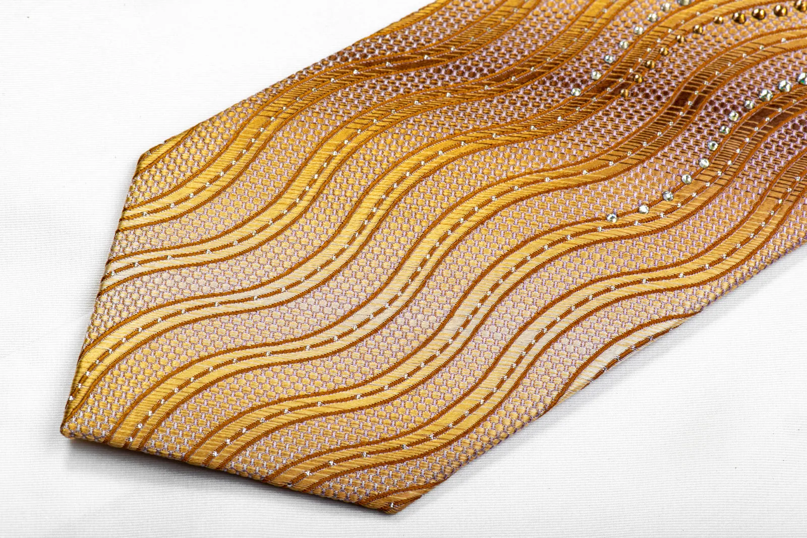 Perry Ellis Rhinestone Silk Necktie Golden Waves On Mauve