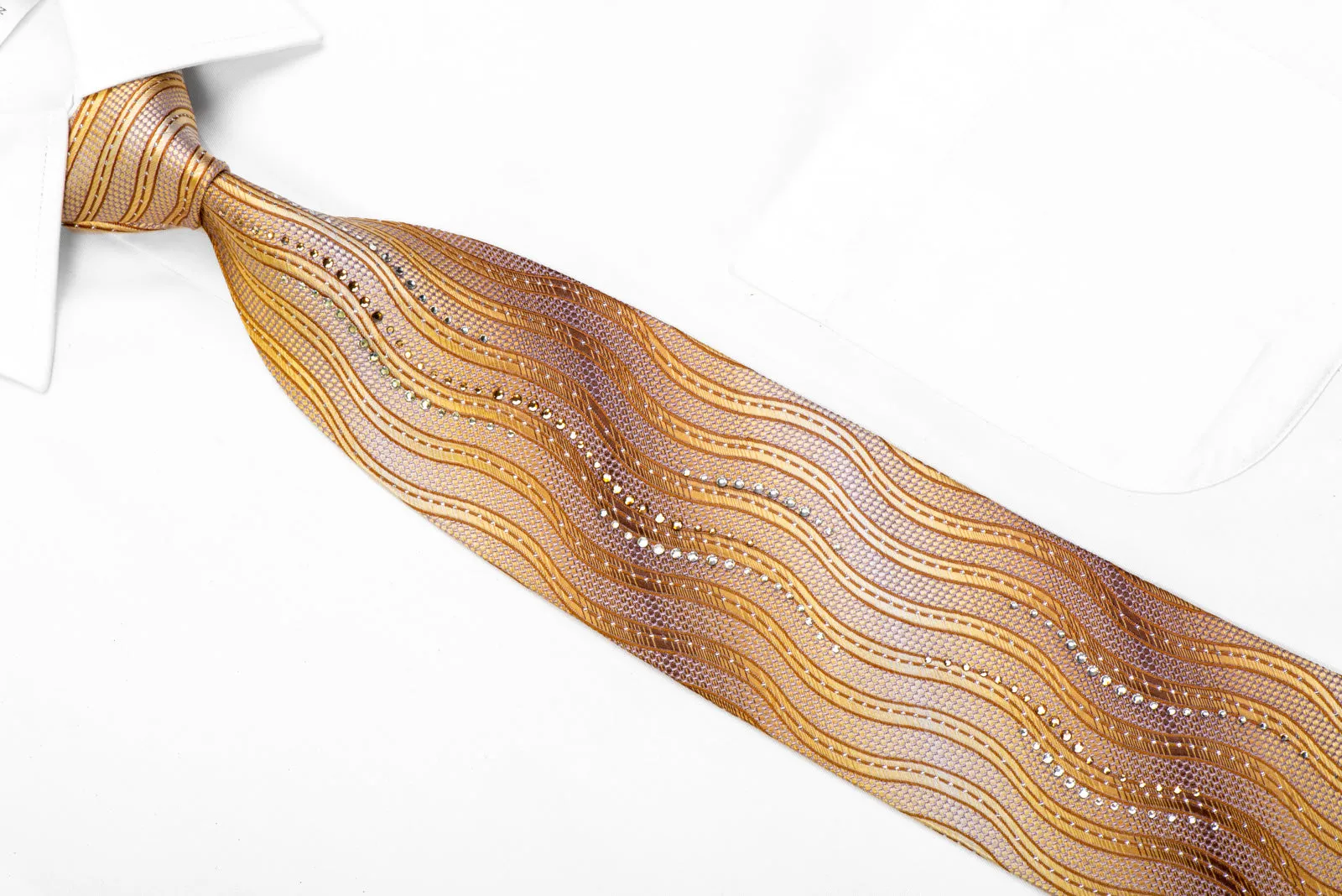 Perry Ellis Rhinestone Silk Necktie Golden Waves On Mauve