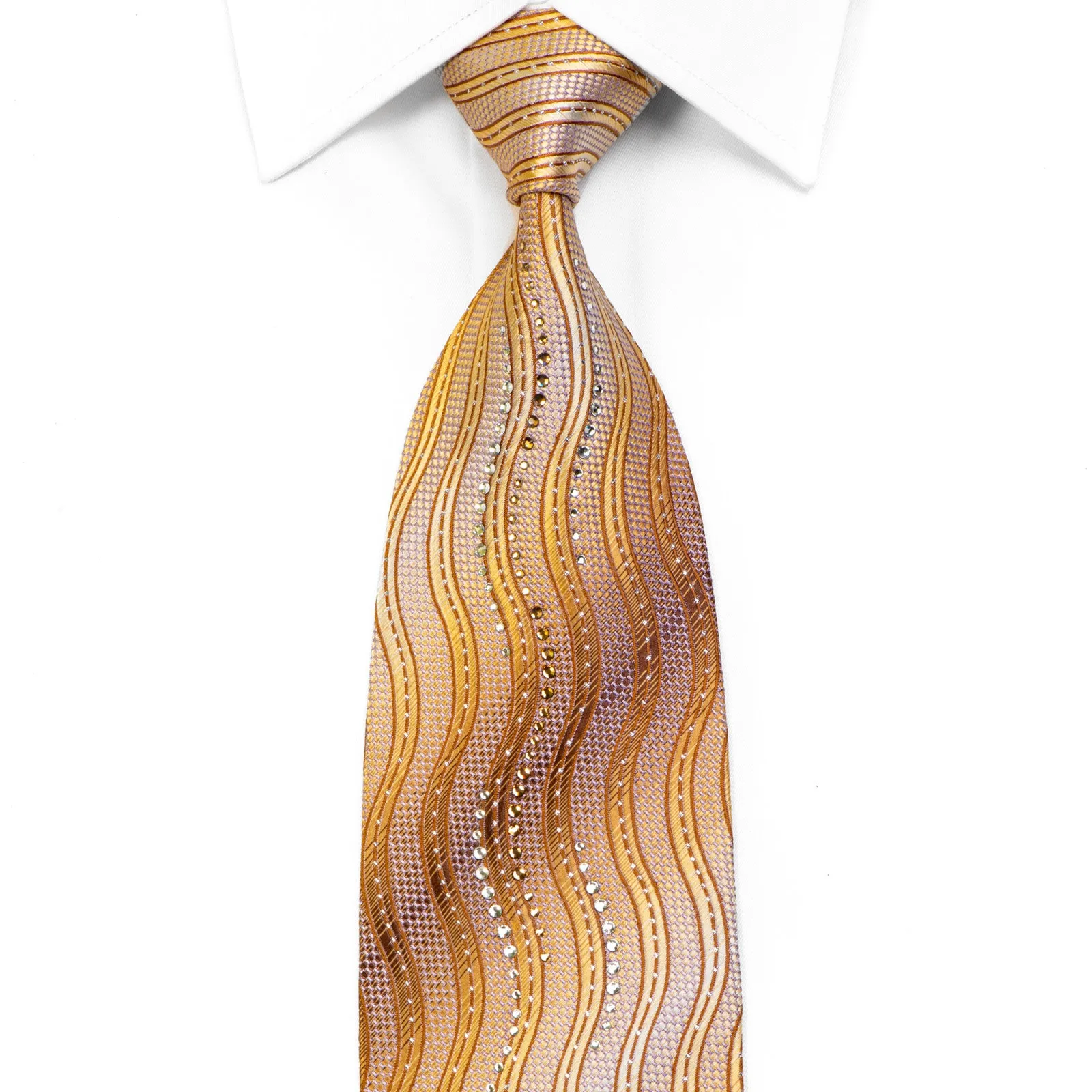 Perry Ellis Rhinestone Silk Necktie Golden Waves On Mauve