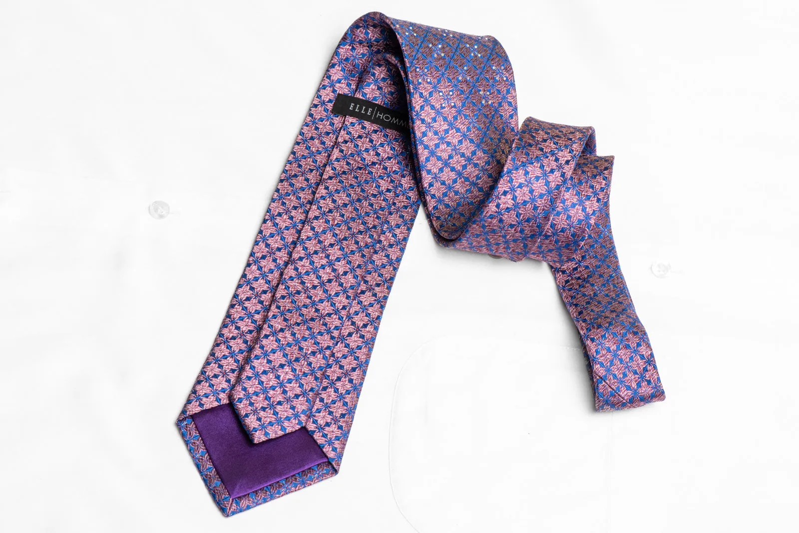 Pink Geometric On Blue Rhinestone Tie With Silver Sparkles