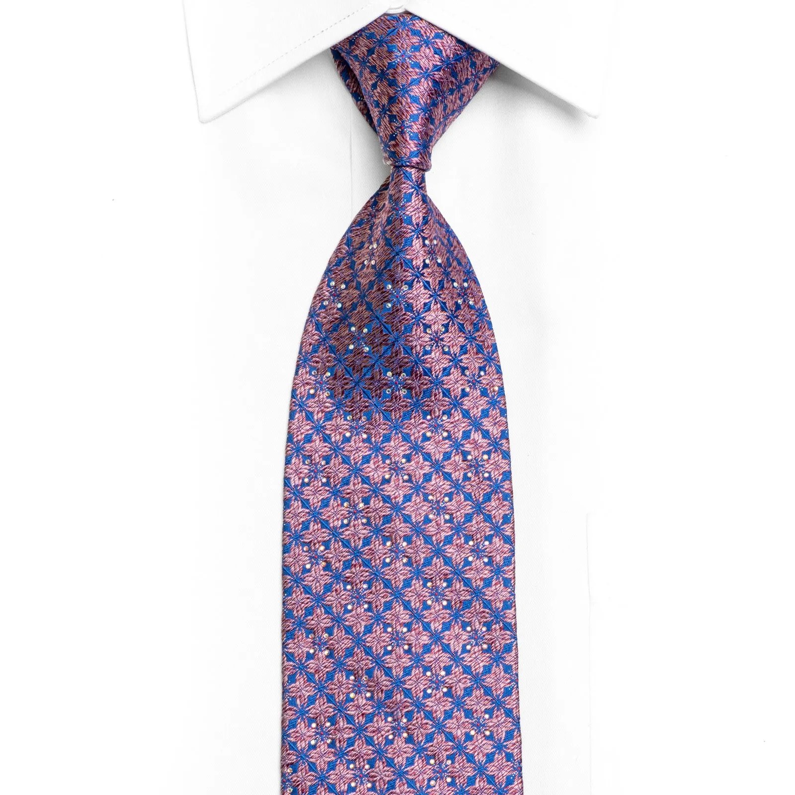 Pink Geometric On Blue Rhinestone Tie With Silver Sparkles