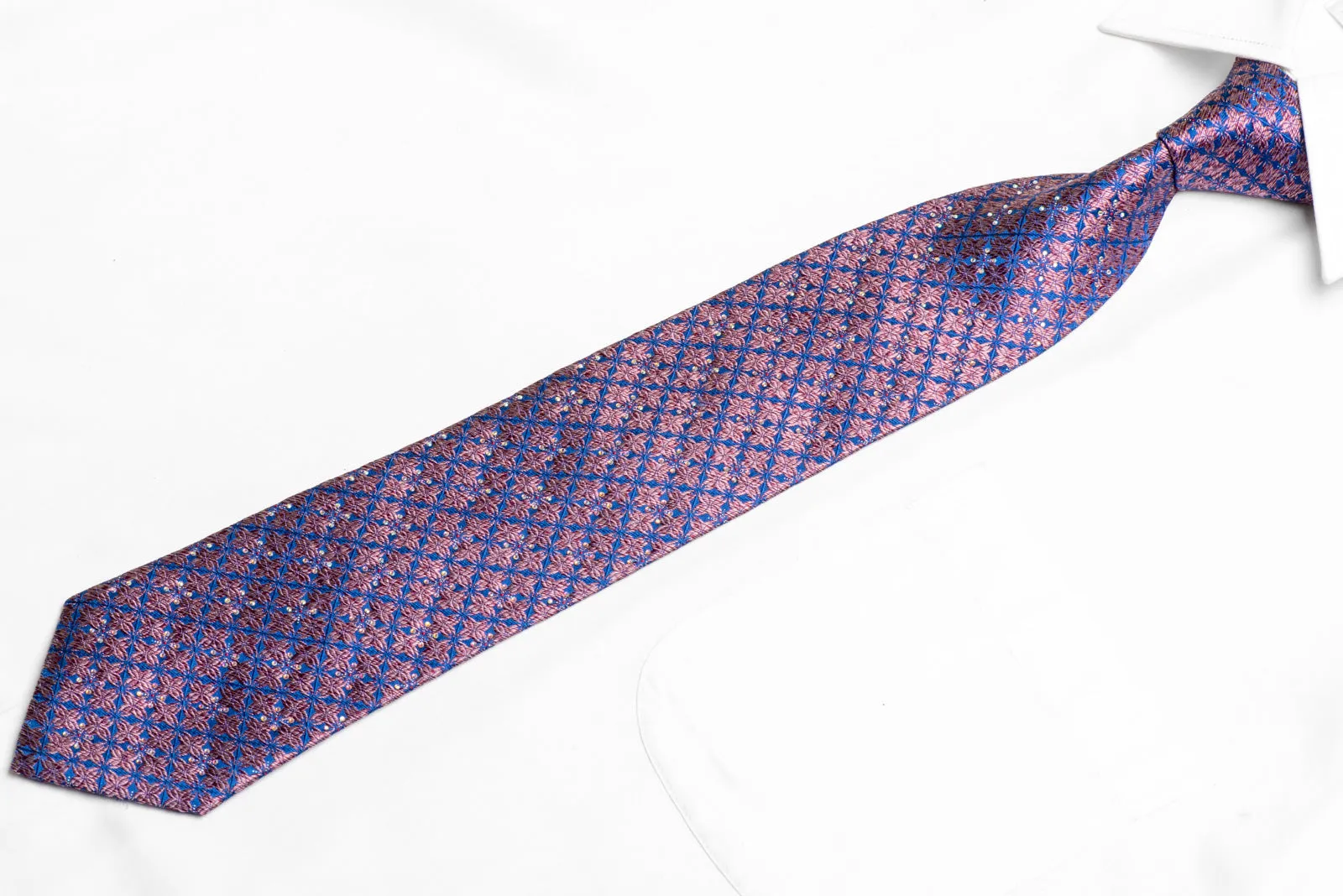 Pink Geometric On Blue Rhinestone Tie With Silver Sparkles