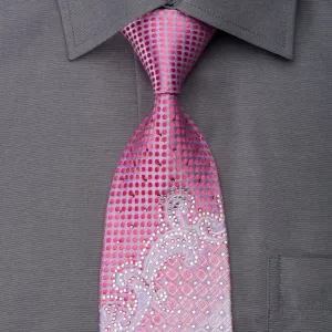 Premierlux Rhinestone Silk Necktie Pink Dots & Anthemion On Mauve With Silver Sparkles