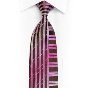 Purple Stripes On Brown Rhinestone Silk Necktie With Silver Sparkles