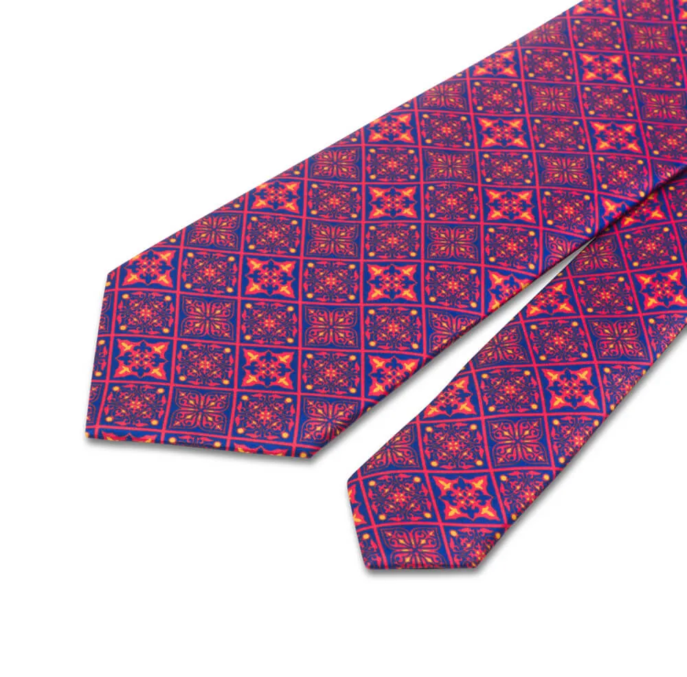 Medieval Red and Blue Mosaic Duchesse Silk Tie