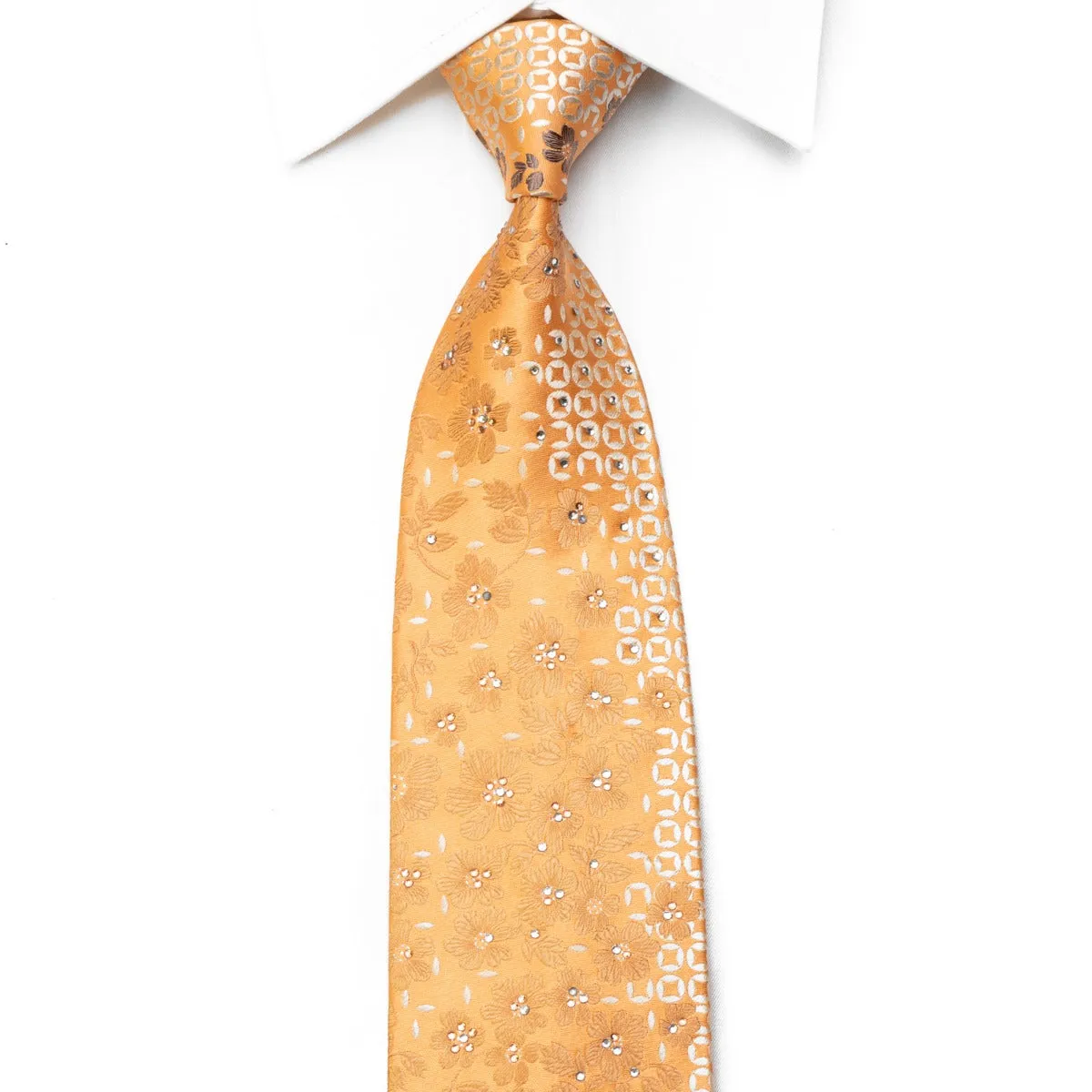 Remizio Men's Rhinestone Tie Floral On Peach Orange With Silver Sparkles