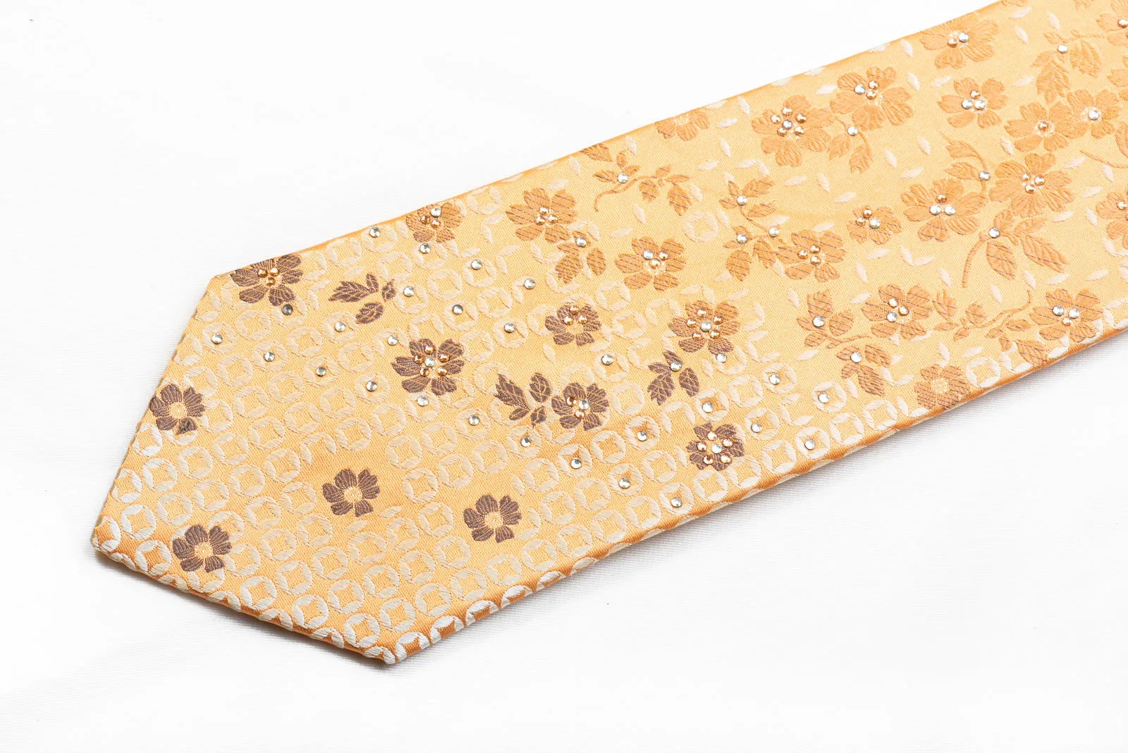 Remizio Men's Rhinestone Tie Floral On Peach Orange With Silver Sparkles