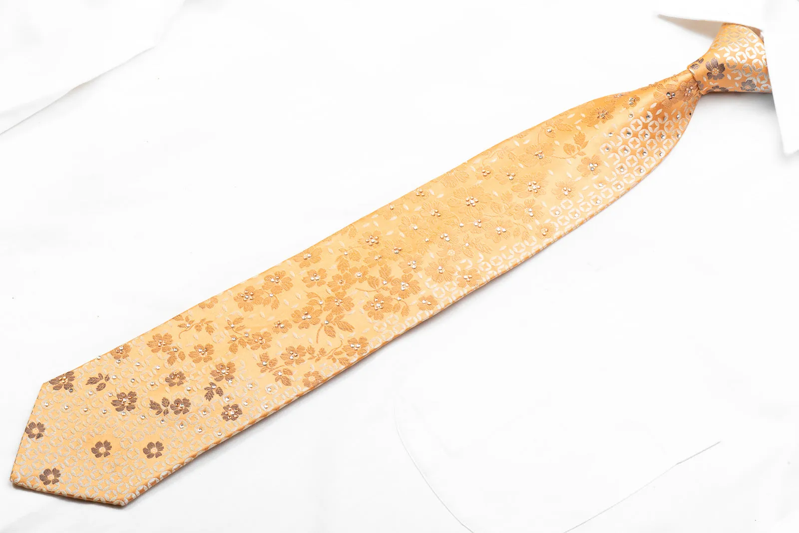 Remizio Men's Rhinestone Tie Floral On Peach Orange With Silver Sparkles