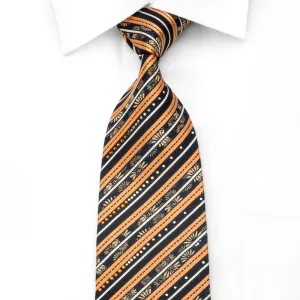 Remizio Men's Silk Necktie Orange Striped Gold Floral On Black With Sparkles