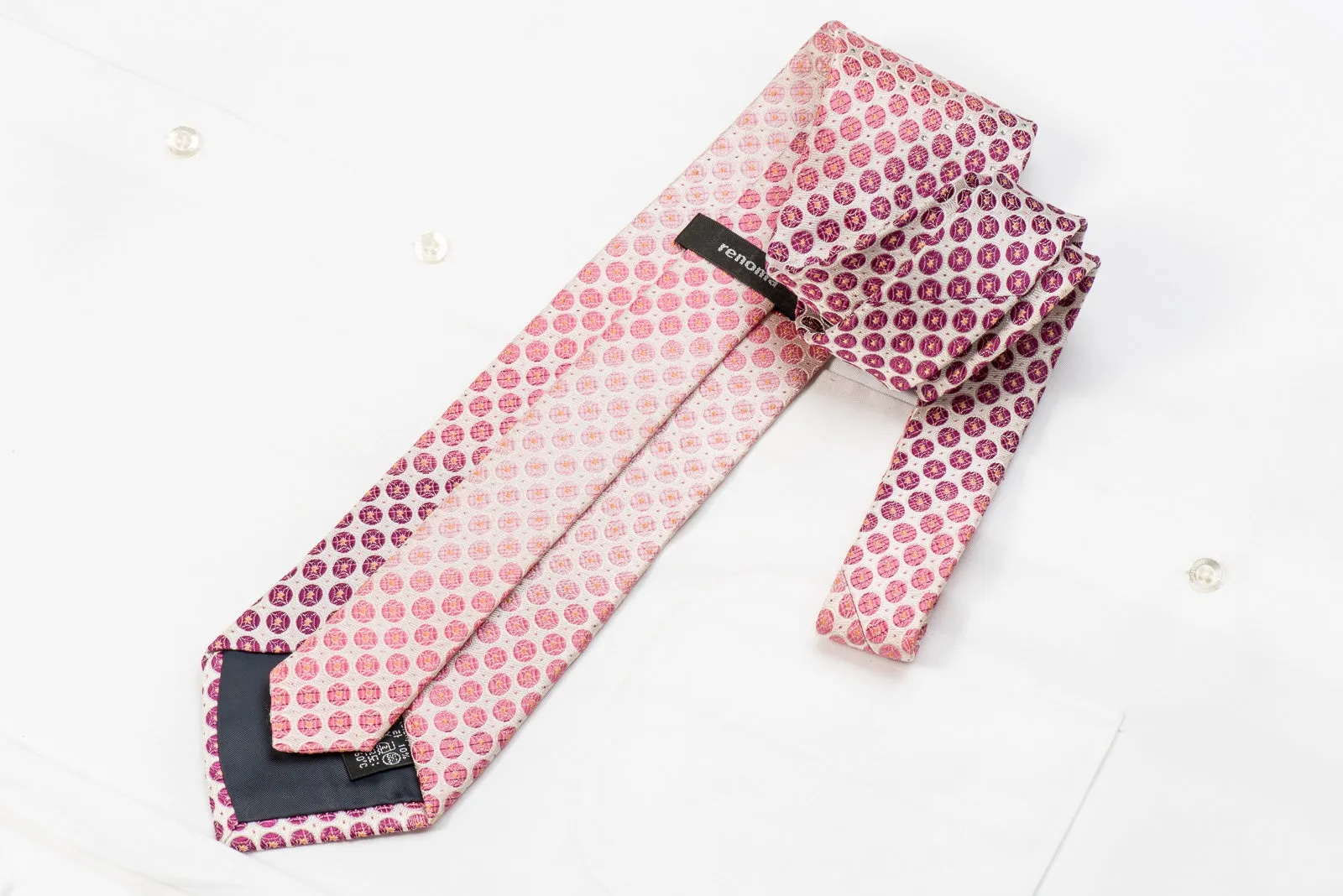 Renoma Men's Crystal Silk Necktie Pink Dots On White With Pink Sparkles