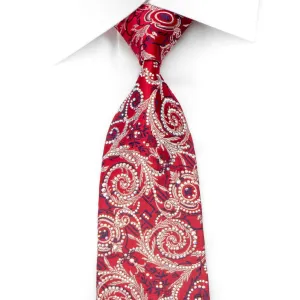 Renoma Mens Rhinestone Silk Necktie Silver Acanthus Scrolls On Red With Silver Sparkles