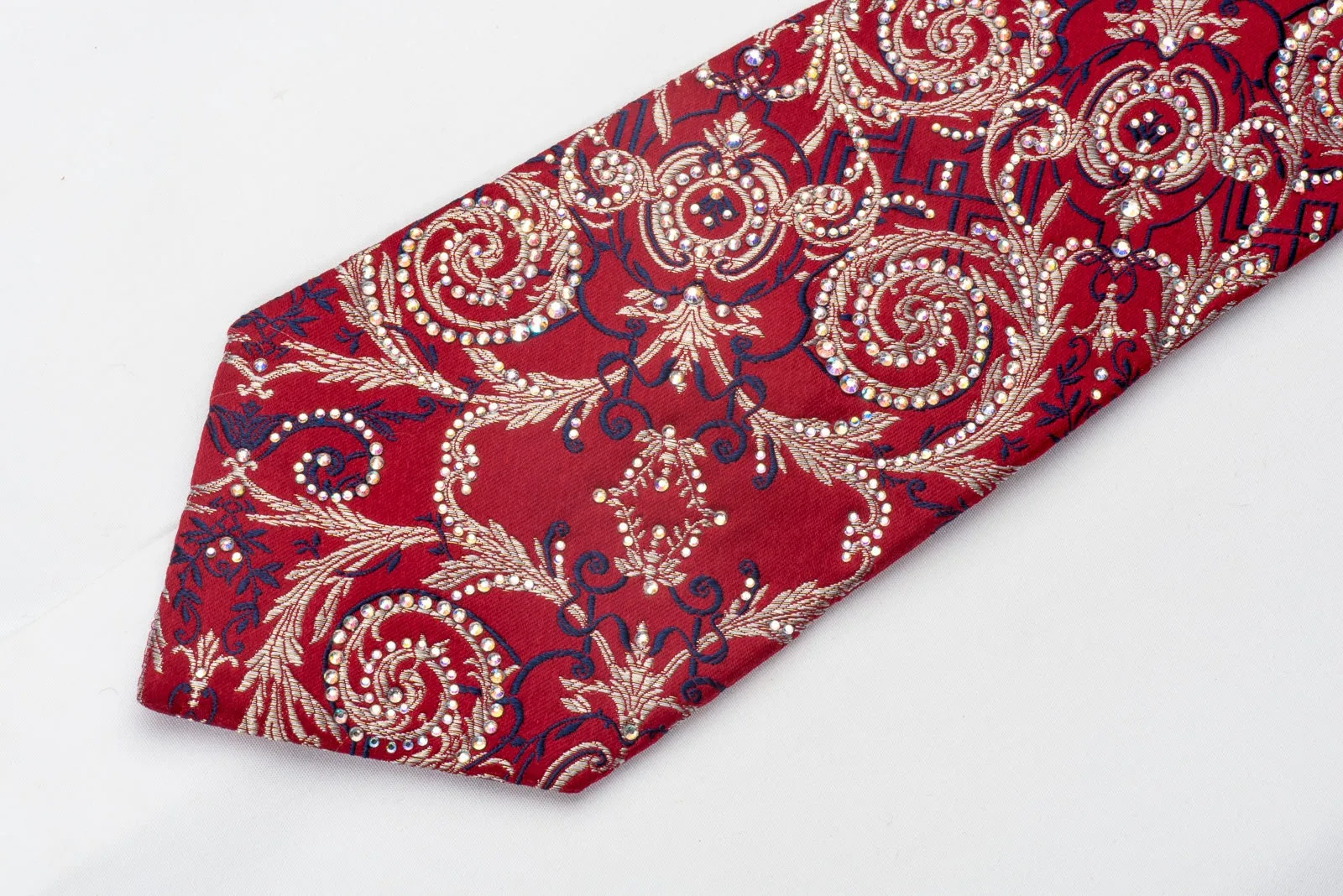 Renoma Mens Rhinestone Silk Necktie Silver Acanthus Scrolls On Red With Silver Sparkles