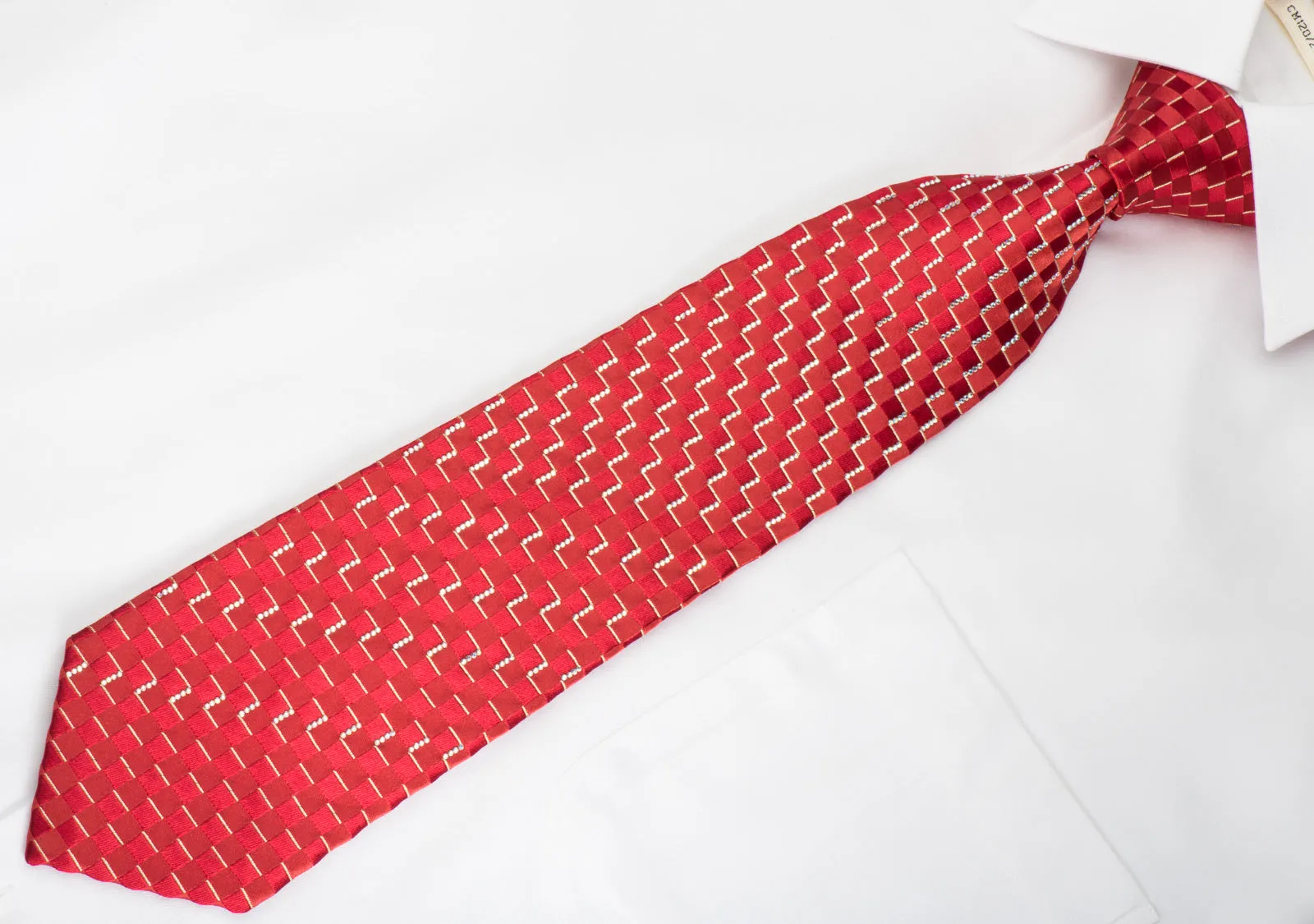 Renoma Rhinestone Silk Necktie Chevron Checker On Red With Silver Sparkles