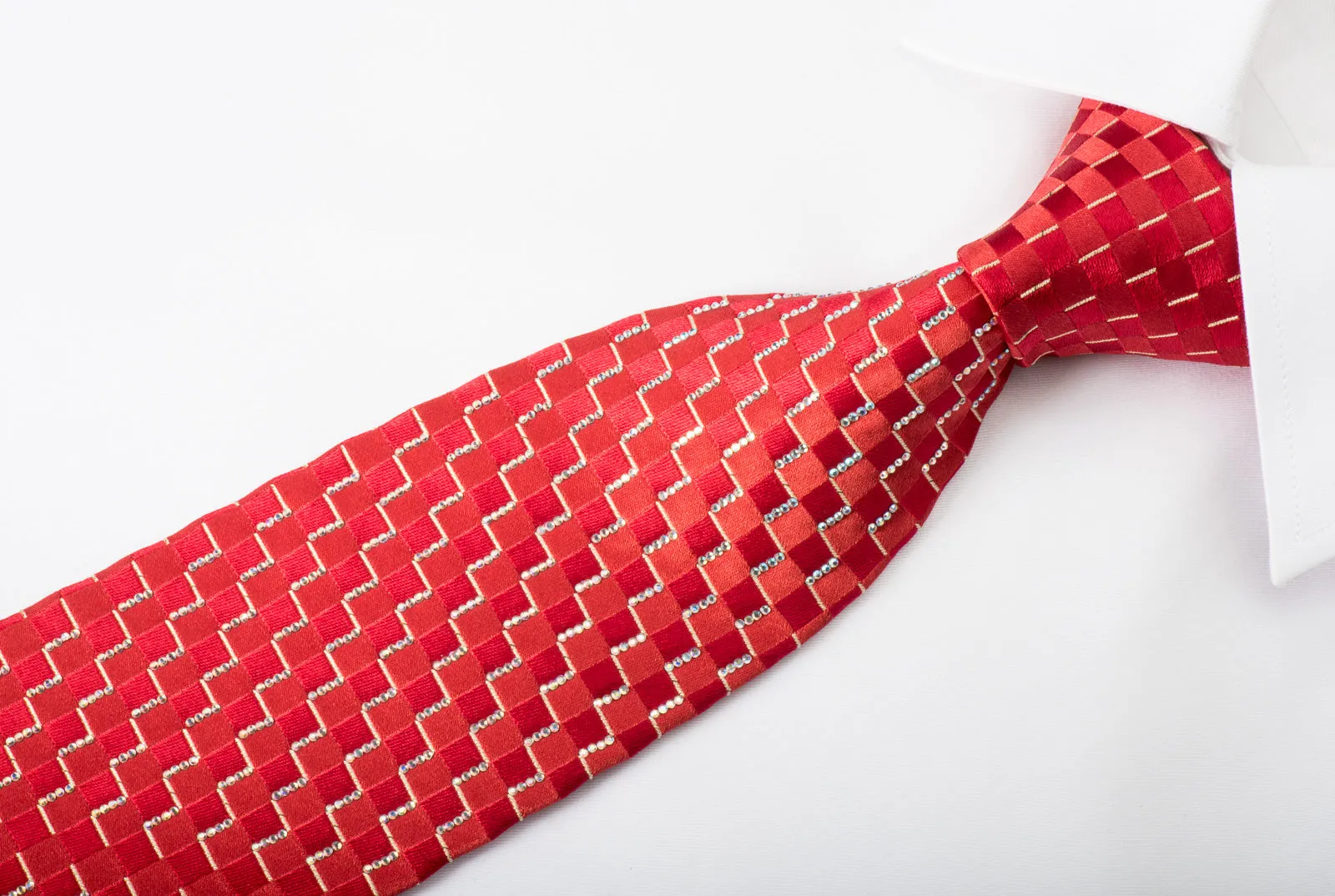 Renoma Rhinestone Silk Necktie Chevron Checker On Red With Silver Sparkles