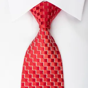 Renoma Rhinestone Silk Necktie Chevron Checker On Red With Silver Sparkles