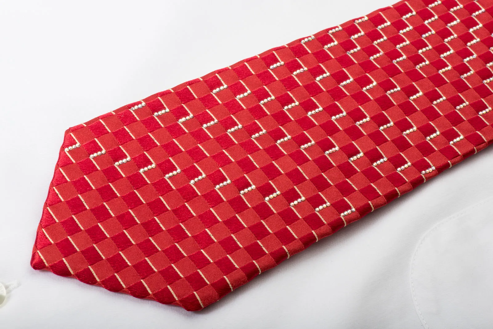 Renoma Rhinestone Silk Necktie Chevron Checker On Red With Silver Sparkles