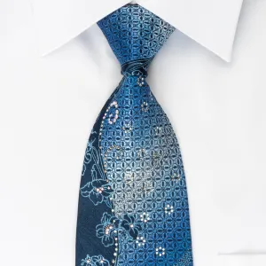 Renoma Rhinestone Silk Necktie Floral On Blue With Silver Sparkles