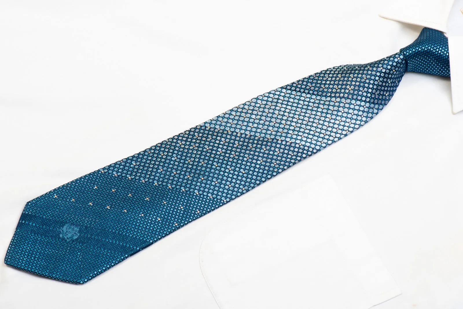 Renoma Rhinestone Silk Necktie Geometric Circles On Blue With Sparkles