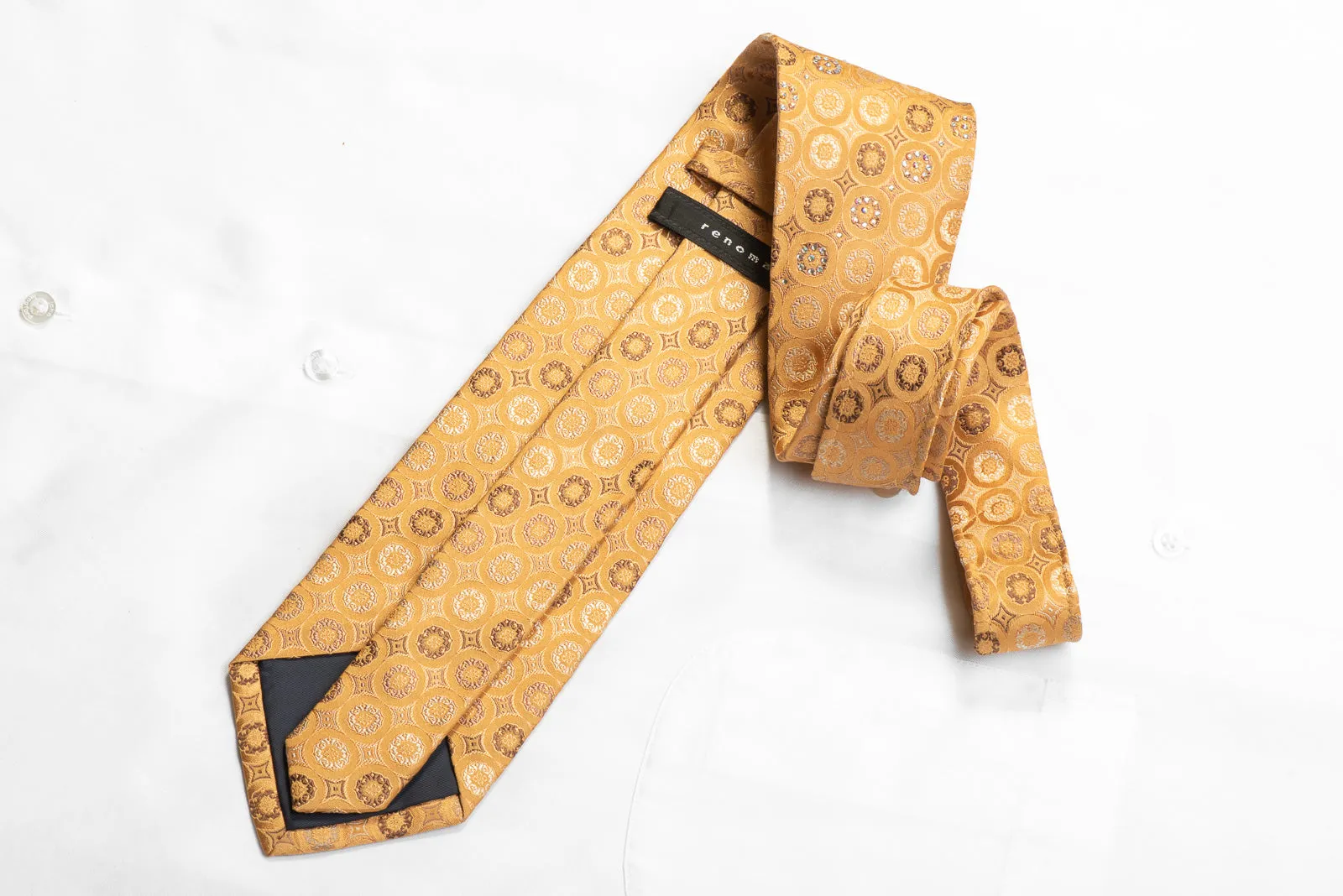 Renoma Rhinestone Silk Necktie Geometric On Golden Orange