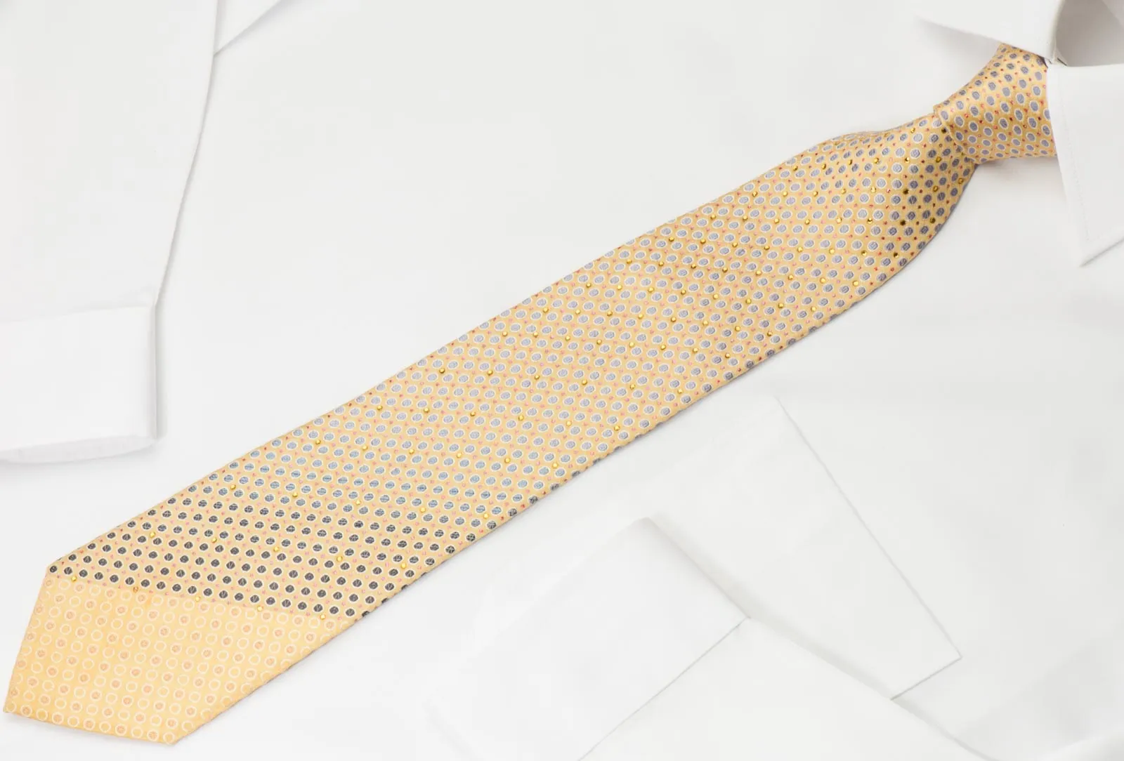 Renoma Rhinestone Silk Necktie Silver Dots On Yellow With Copper Sparkles