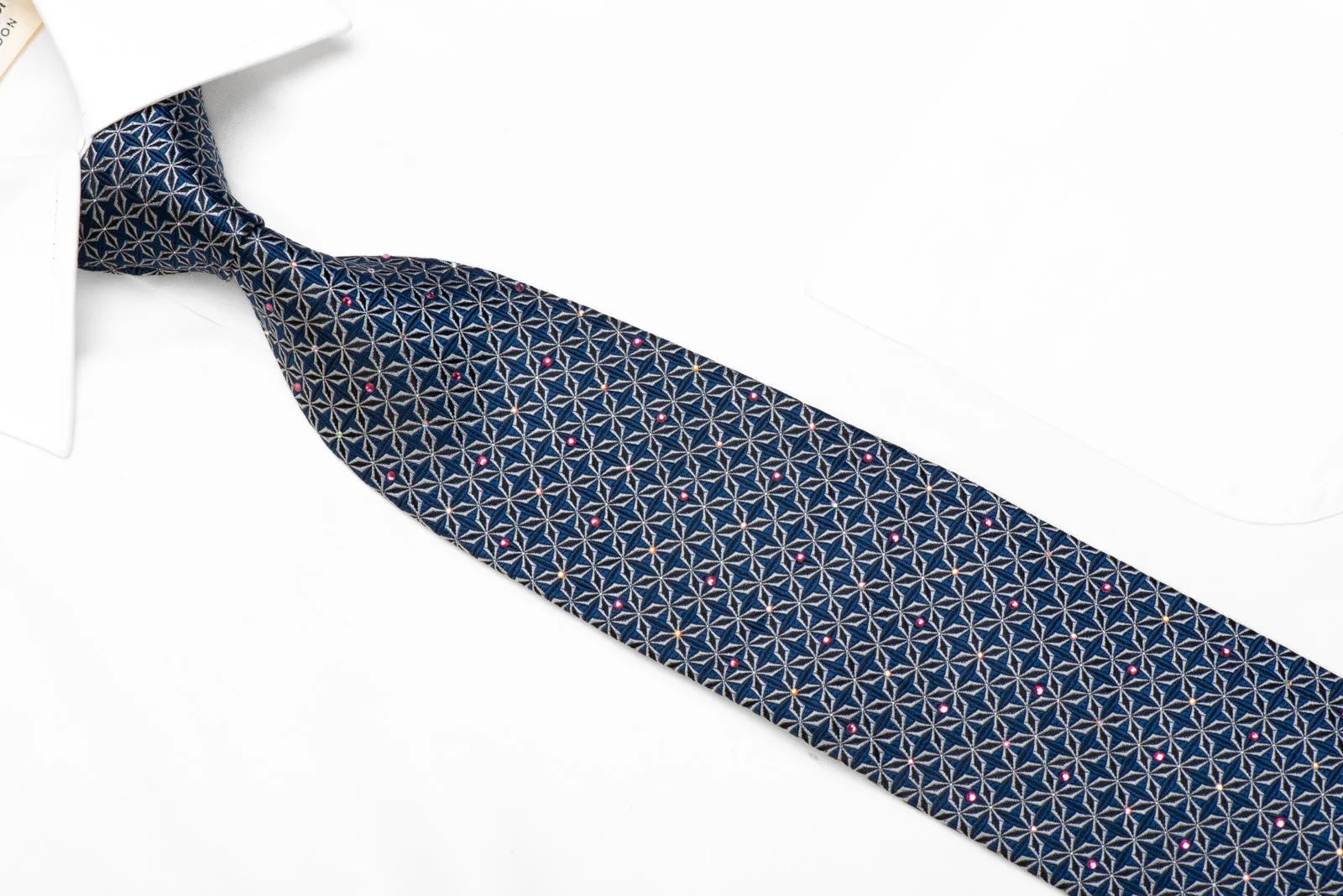 Rhinestone Necktie Silver Trellis On Blue With Sparkles