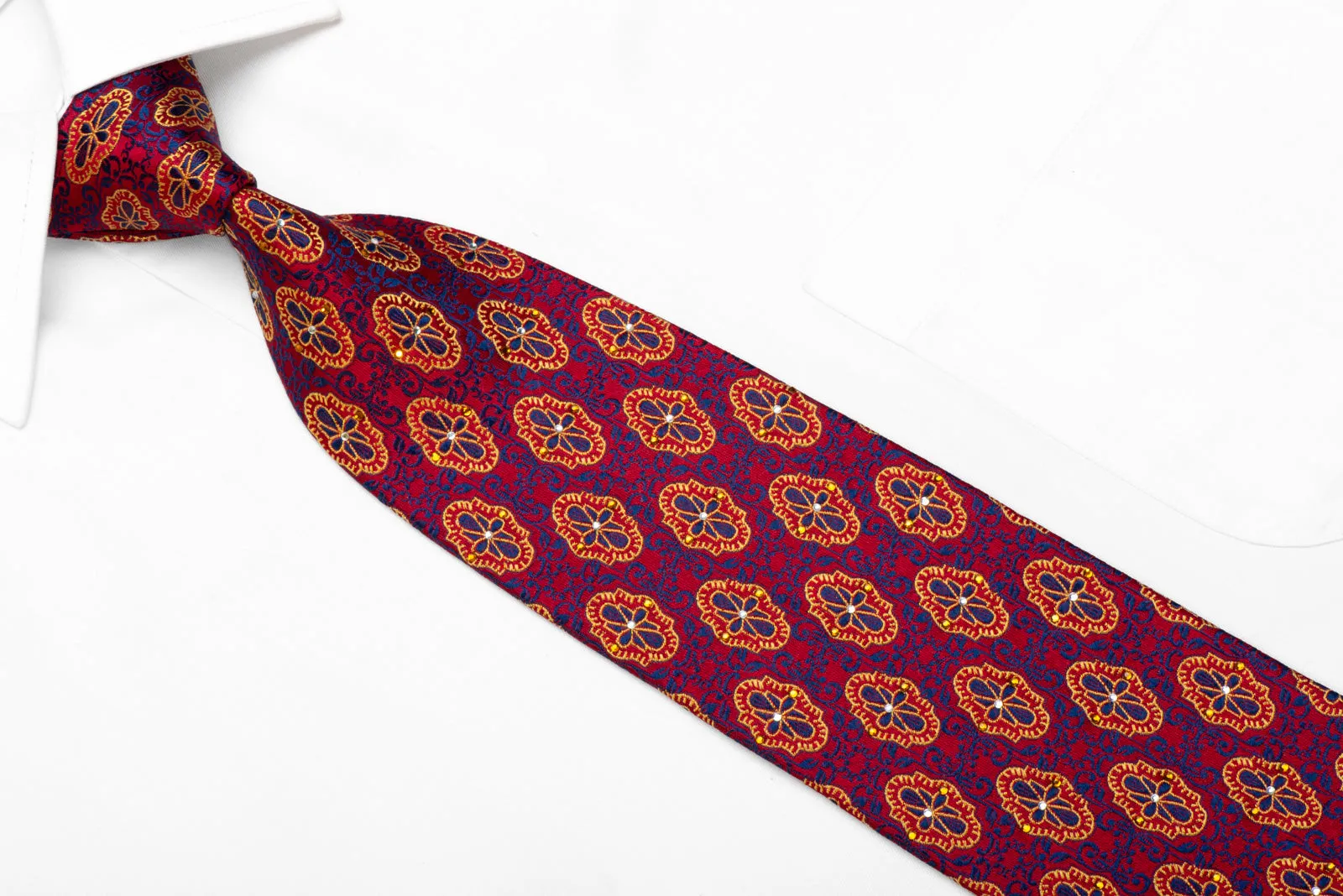 Rhinestone Silk Necktie Gold Blue Cartouche On Burgundy With Sparkles