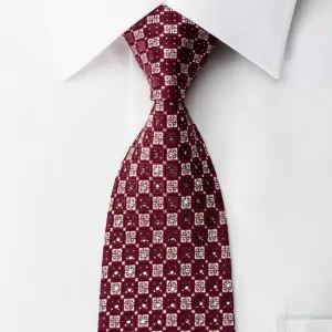 Rhinestone Silk Necktie Silver Checkered Foulard On Burgundy With Gold Sparkles