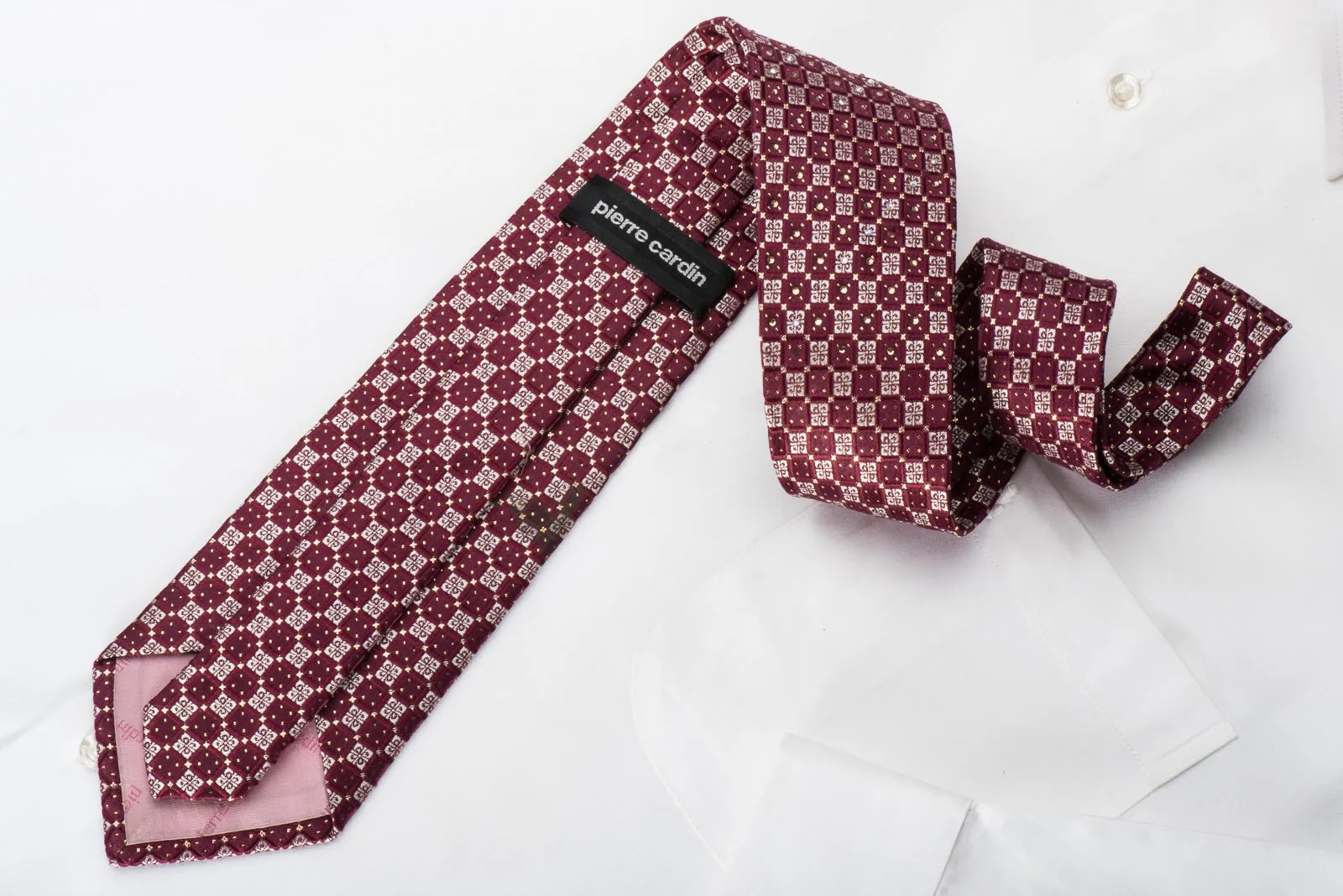 Rhinestone Silk Necktie Silver Checkered Foulard On Burgundy With Gold Sparkles