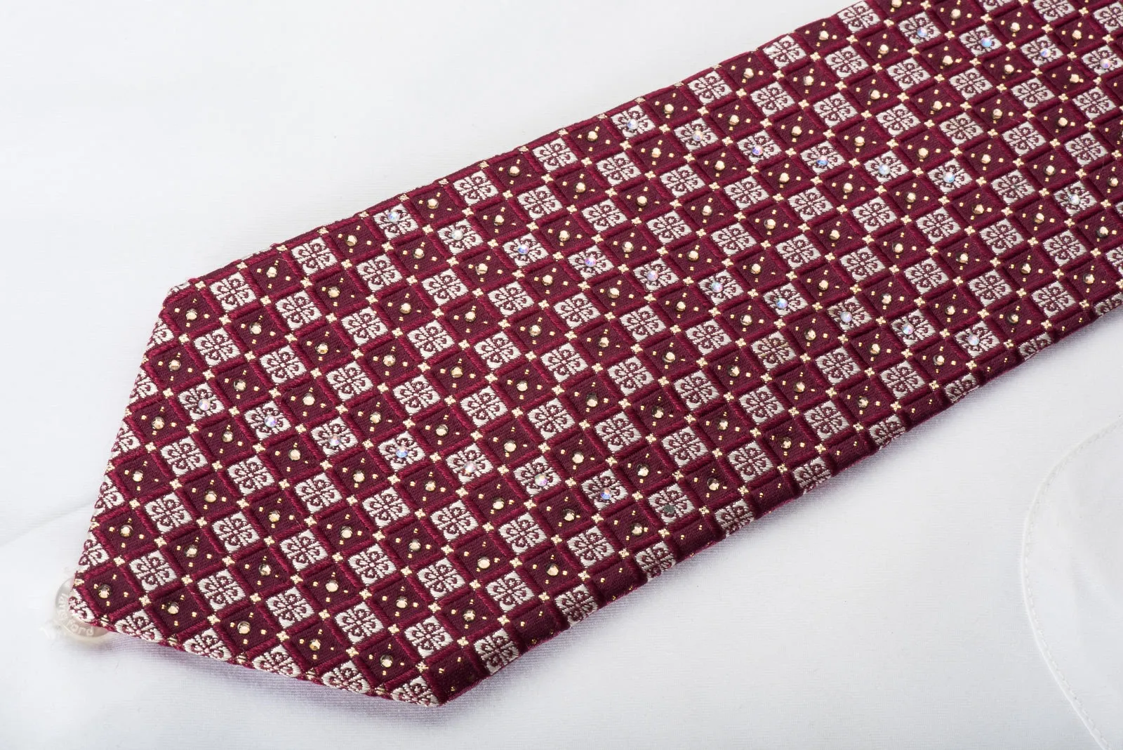 Rhinestone Silk Necktie Silver Checkered Foulard On Burgundy With Gold Sparkles