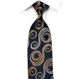 Rhinestone Silk Tie Gold Silver Scrolls On Black With Sparkles