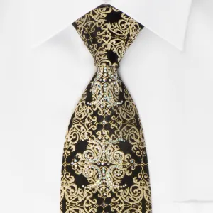 Roberta di Camerino Rhinestone Silk Tie Golden Damask On Black With Golden Sparkles