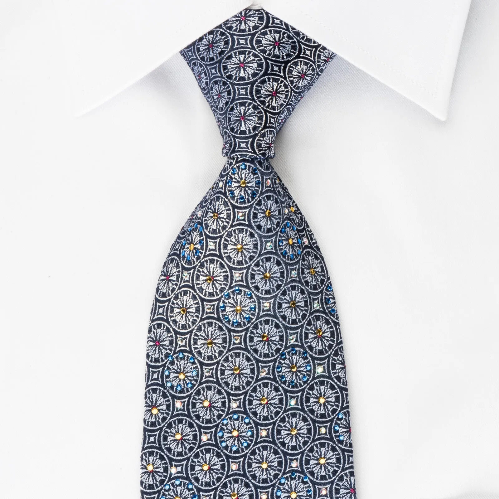 Roberta di Camerino Silk Tie Silver Medallions On Blue With Rhinestones