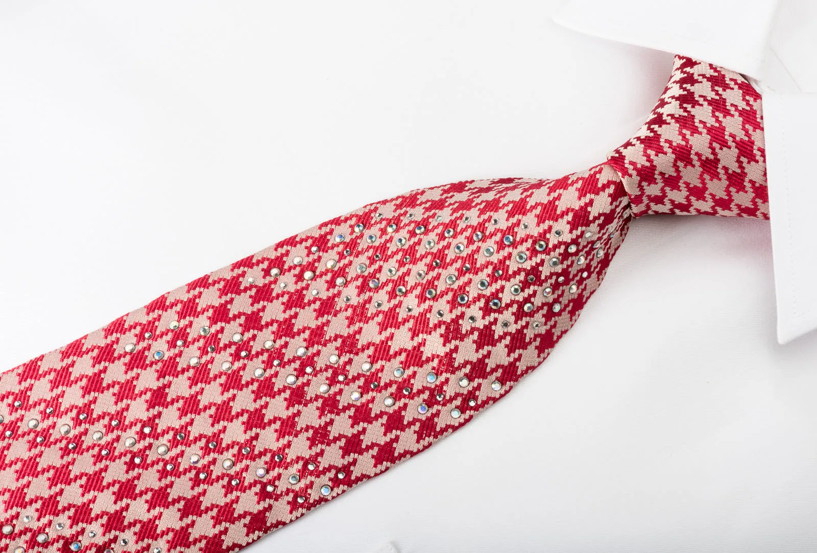 Rogers Dail Men's Silk Necktie Red Silver Hounds Tooth With Rhinestones