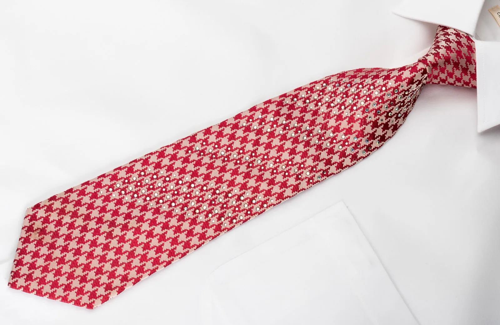 Rogers Dail Men's Silk Necktie Red Silver Hounds Tooth With Rhinestones