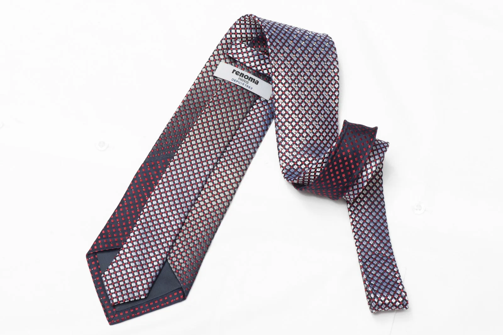 Silver Burgundy Geometric On Navy Blue Rhinestone Silk Tie With Silver Sparkles