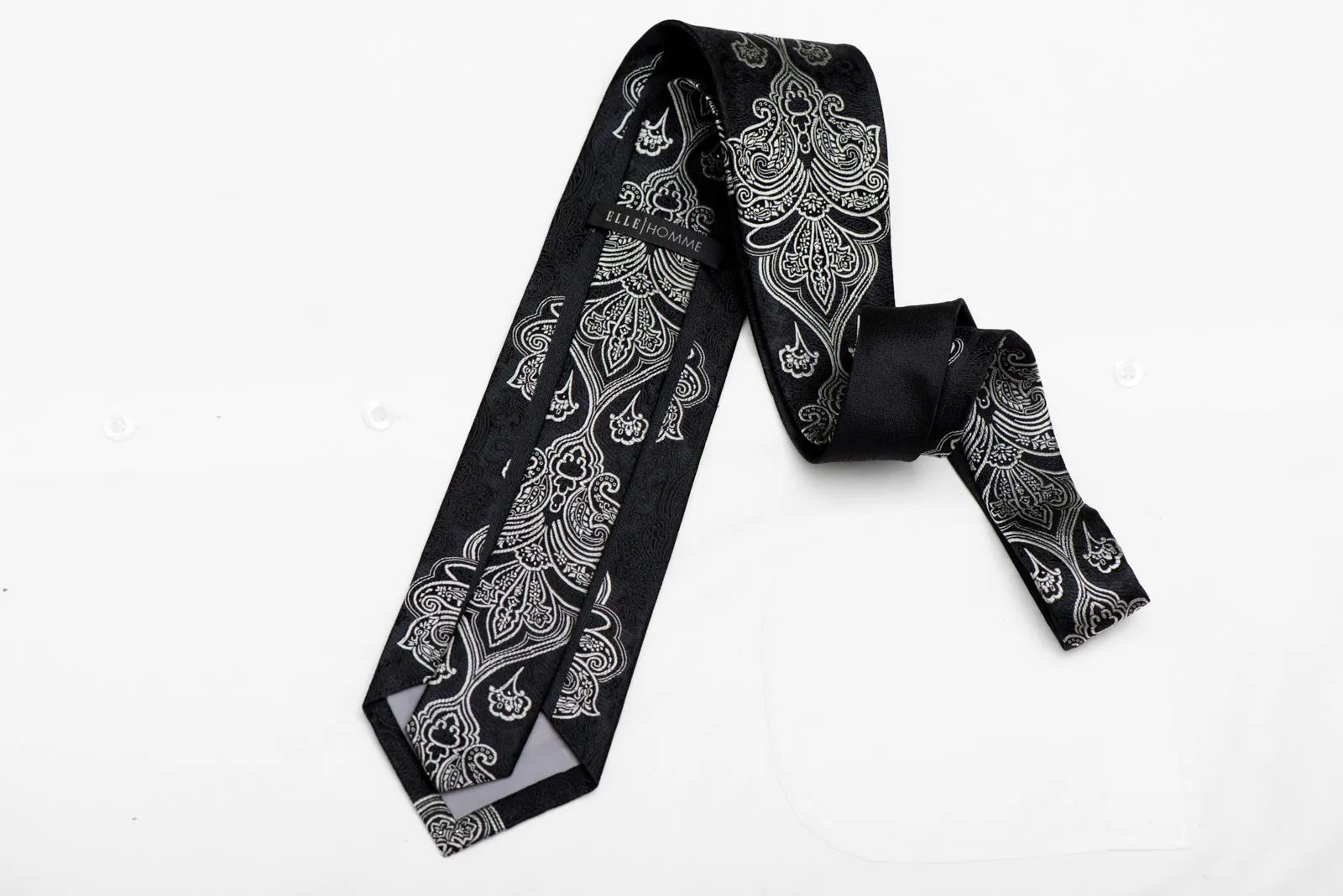 Silver Damask On Black Crystal Rhinestone Silk Necktie