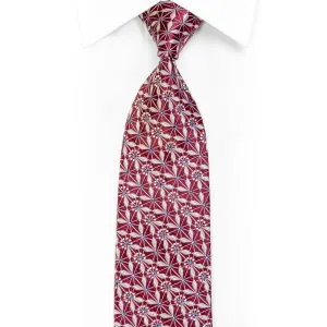 Silver Geometric Trellis On Burgundy Rhinestone Silk Necktie With Sparkles