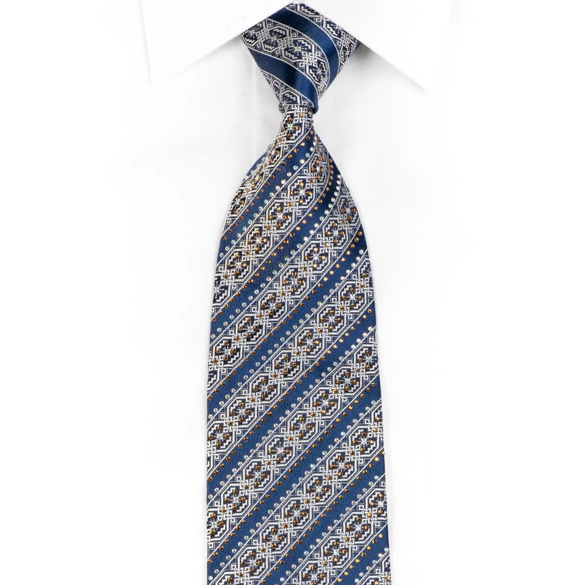 Silver Meander Striped On Blue Silk Necktie With Crystal Rhinestones