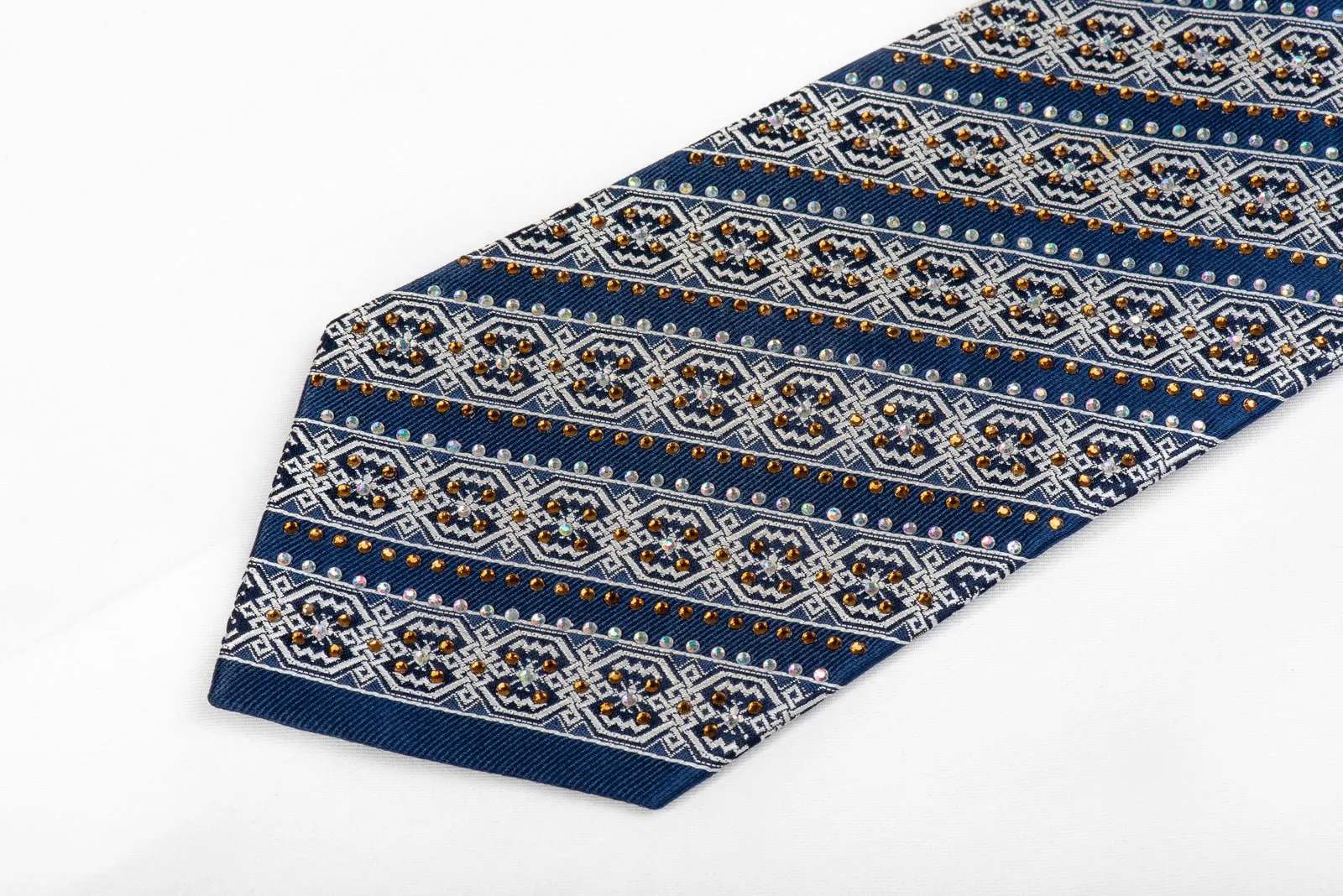 Silver Meander Striped On Blue Silk Necktie With Crystal Rhinestones