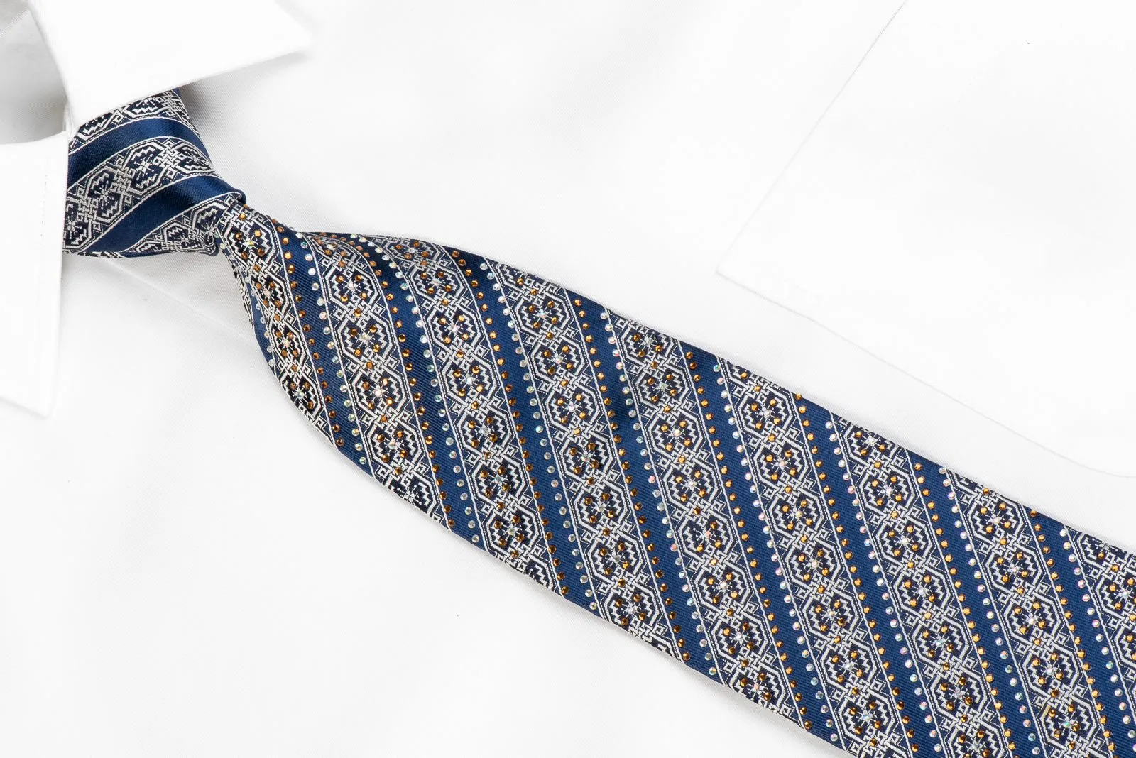 Silver Meander Striped On Blue Silk Necktie With Crystal Rhinestones