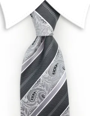 Silver Paisley Tie with Silver & Charcoal Stripes