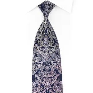 Silver Purple Damask On Navy Blue Rhinestone Silk Necktie With Silver Sparkles