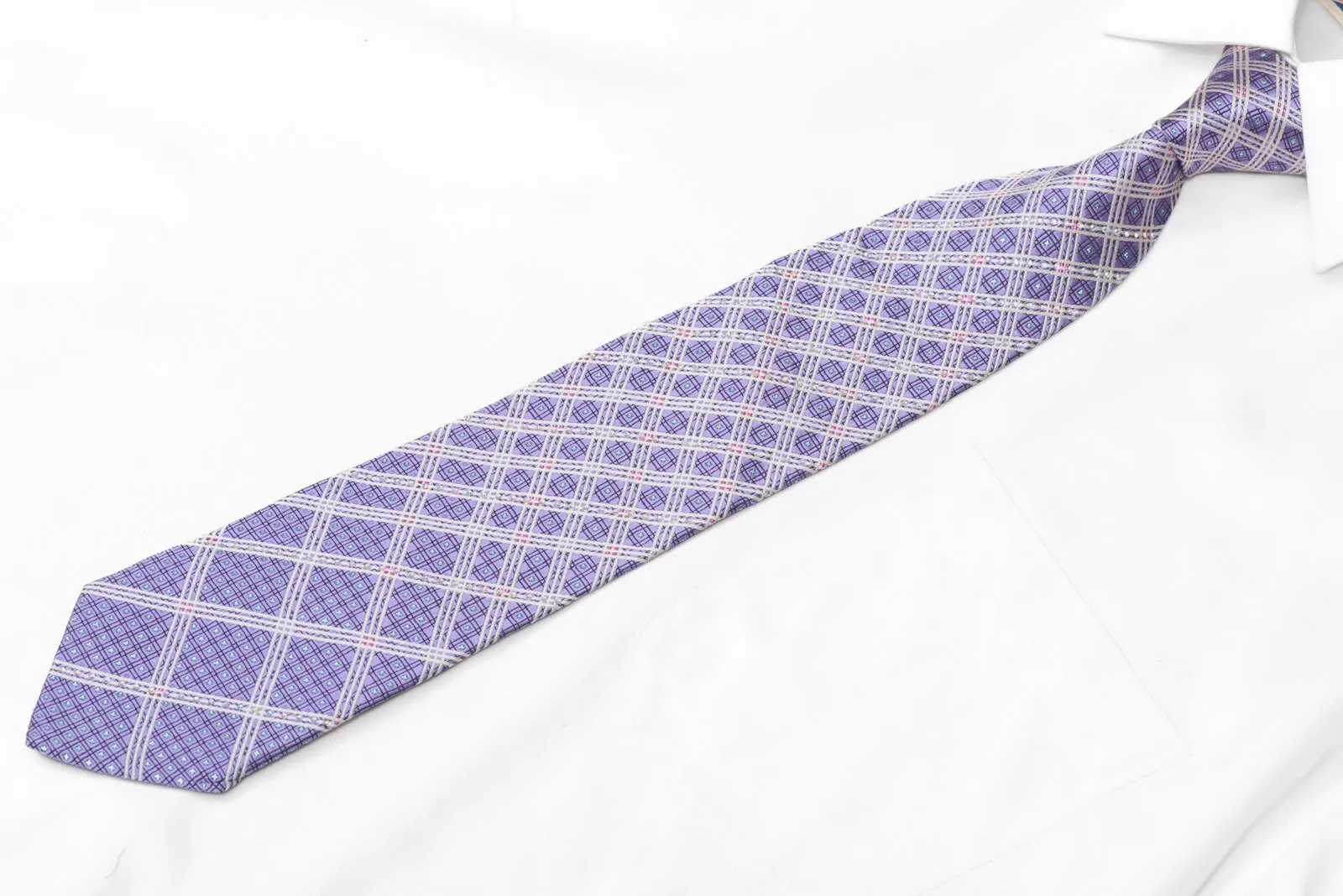 Silver Striped On Mauve Rhinestone Silk Necktie With Blue Sparkles