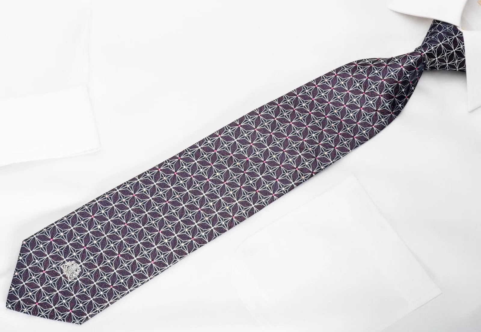 Silver Trellis On Navy Rhinestone Silk Necktie With Purple Sparkles