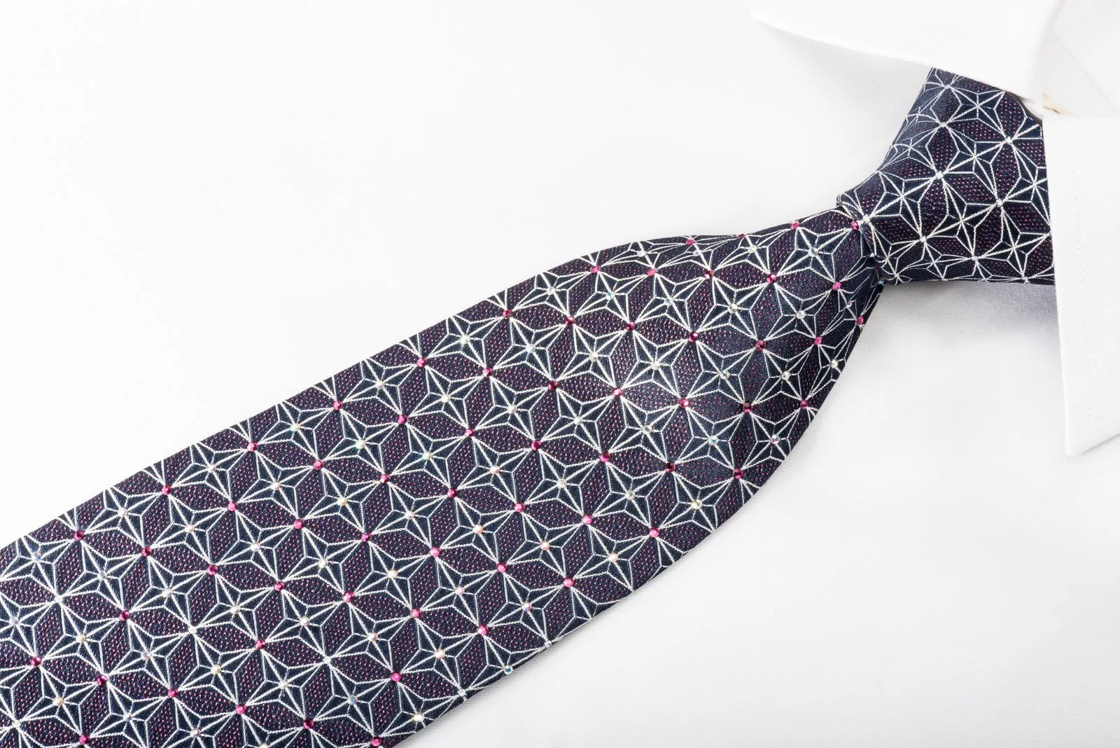 Silver Trellis On Navy Rhinestone Silk Necktie With Purple Sparkles