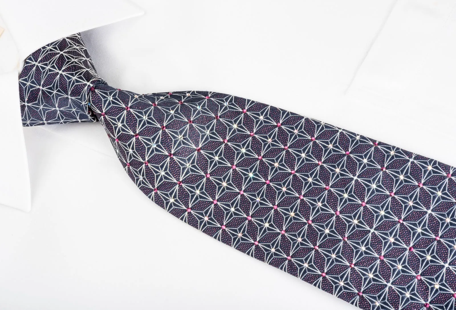 Silver Trellis On Navy Rhinestone Silk Necktie With Purple Sparkles